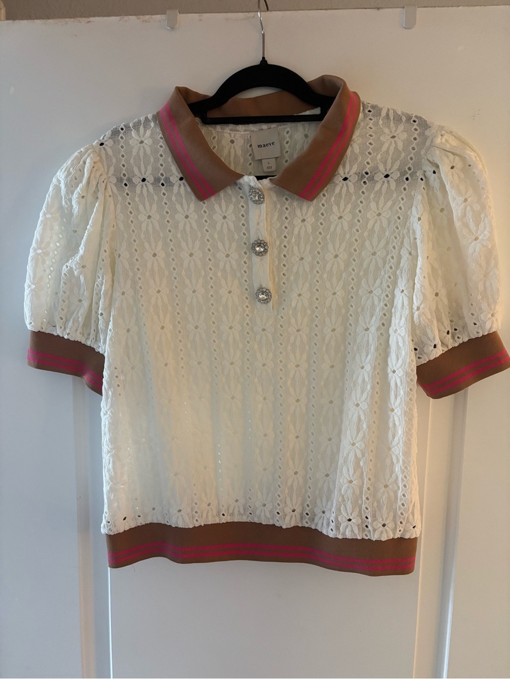 Maeve Anthropologie Puff-Sleeve Lace Polo Top